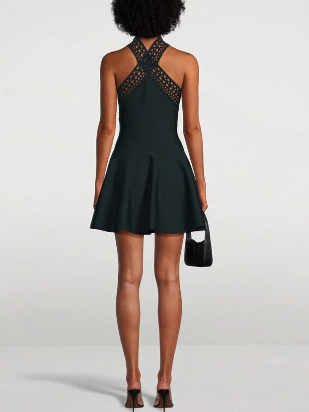 Black Laser-Cut Halter Mini Dress - Dresses