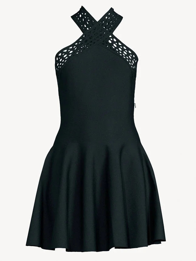 Black Laser-Cut Halter Mini Dress - Dresses