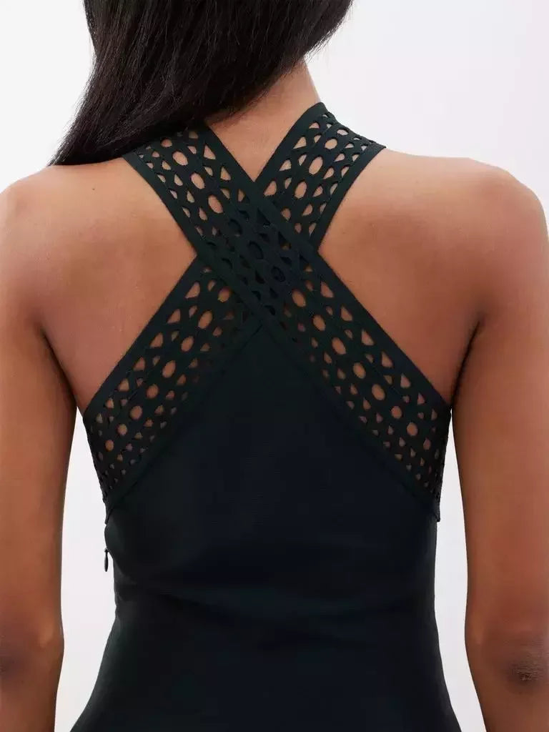 Black Laser-Cut Halter Mini Dress - Dresses