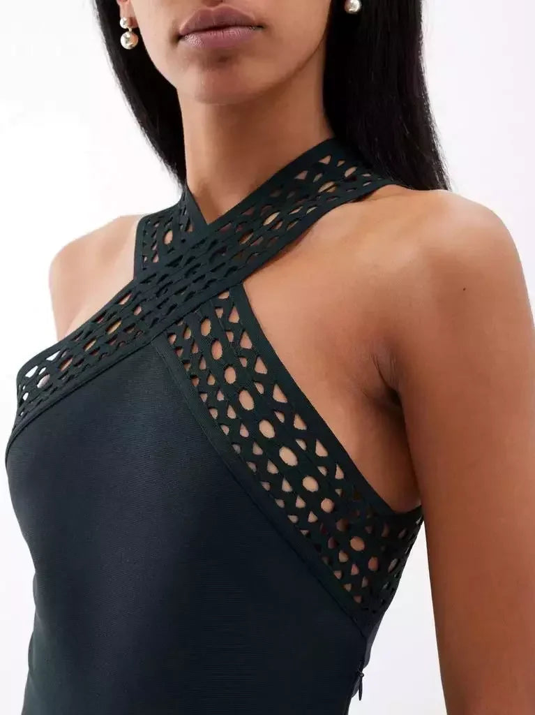 Black Laser-Cut Halter Mini Dress - Dresses