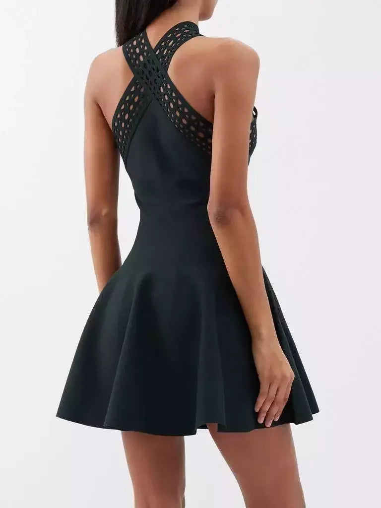 Black Laser-Cut Halter Mini Dress - Dresses