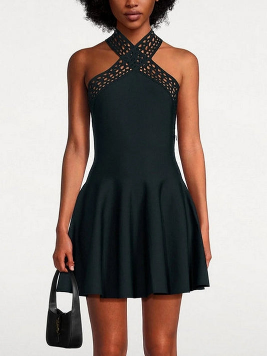 Black Laser-Cut Halter Mini Dress - Dresses