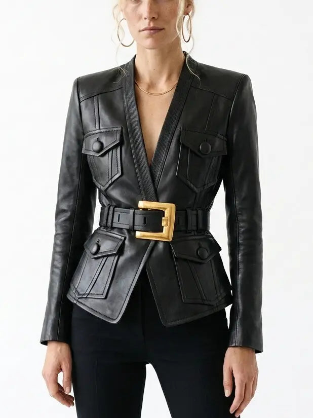 Black Leather Belted Jacket with Utility Pockets - Jackets