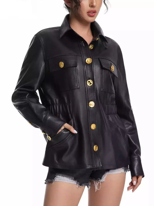 Black Leather Jacket with Gold Decorative Buttons - Jackets