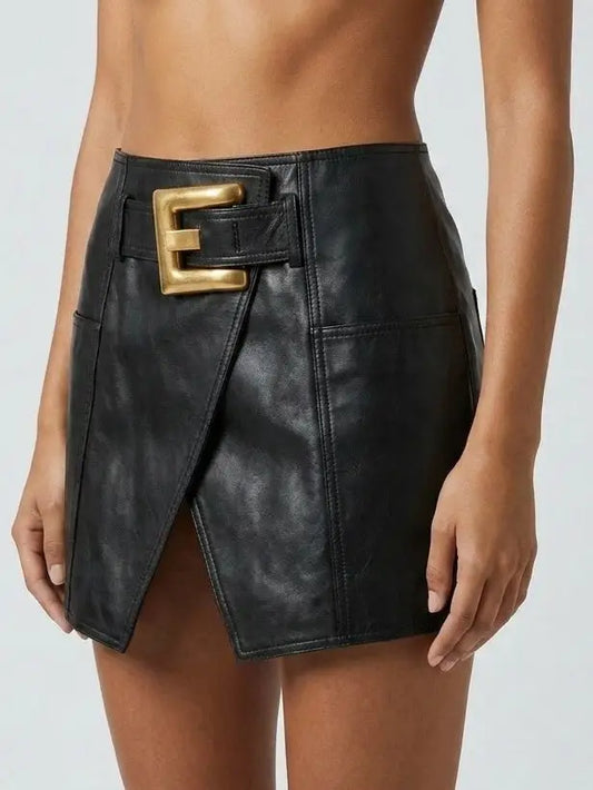 Black Leather Mini Wrap Skirt with Gold Buckle Detail - Skirts
