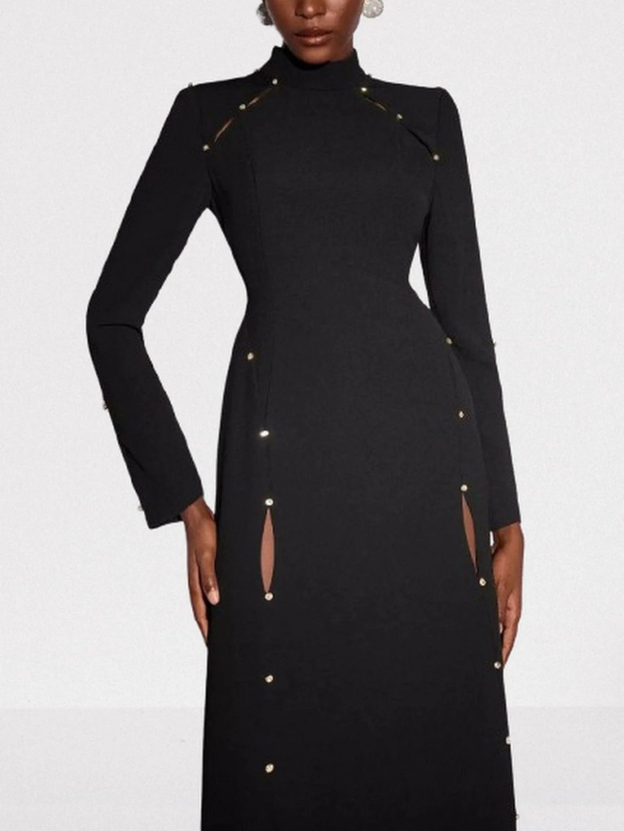 Black Long Paneled Slit Bead Embellished Gown Dresses