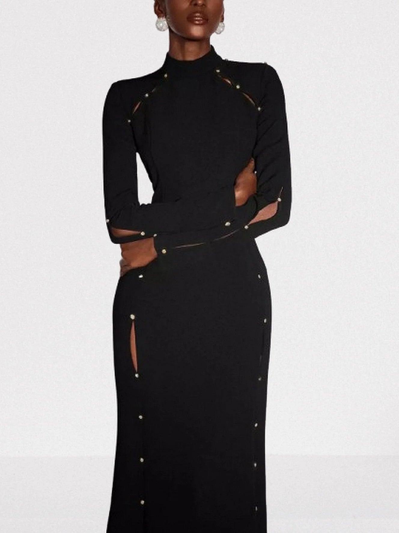 Black Long Paneled Slit Bead Embellished Gown Dresses