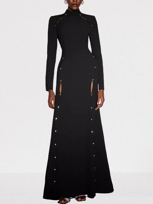 Black Long Paneled Slit Bead Embellished Gown Dresses