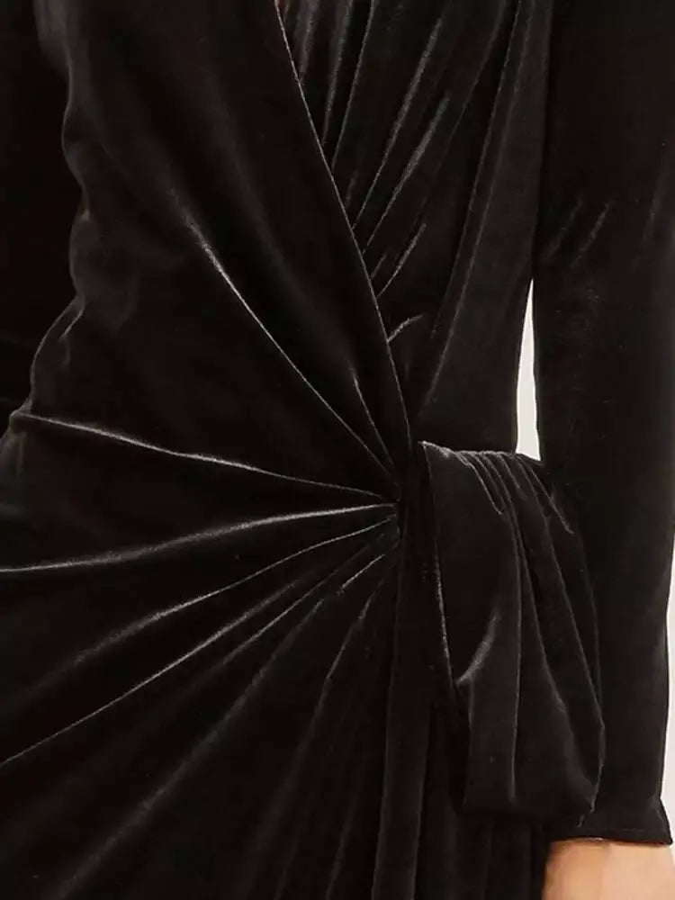 Black Long Ruched Asymmetrical Velvet Gown