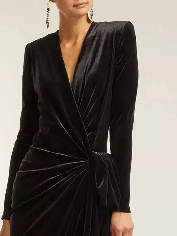 Black Long Ruched Asymmetrical Velvet Gown