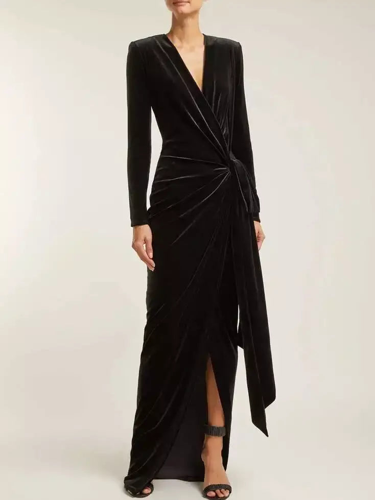 Black Long Ruched Asymmetrical Velvet Gown