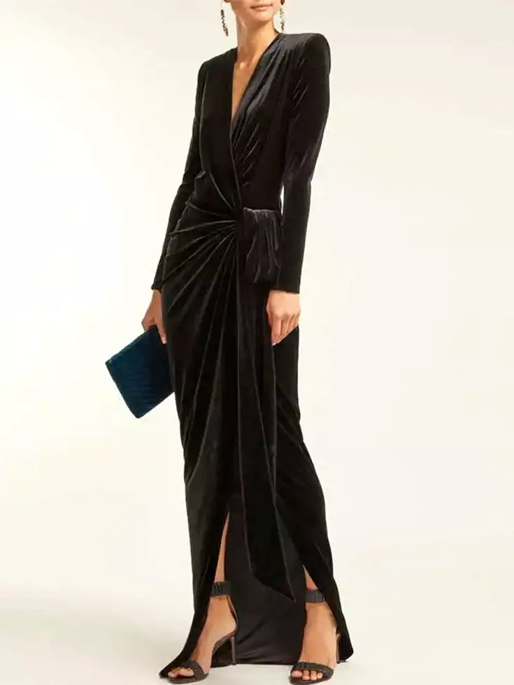 Black Long Ruched Asymmetrical Velvet Gown
