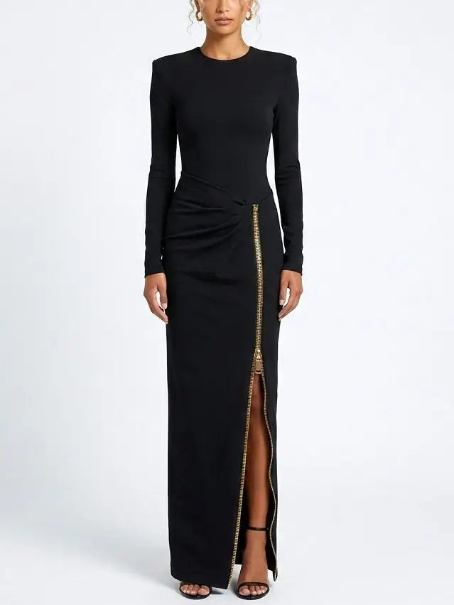 Black Long Sleeve Jersey Maxi Dress with Gold Zip - Dresses