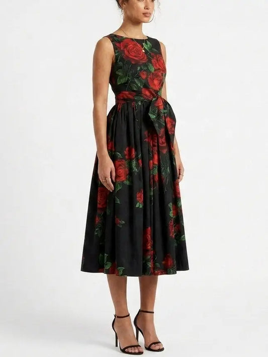 Black Midi Dress with Red Rose Print - Dresses