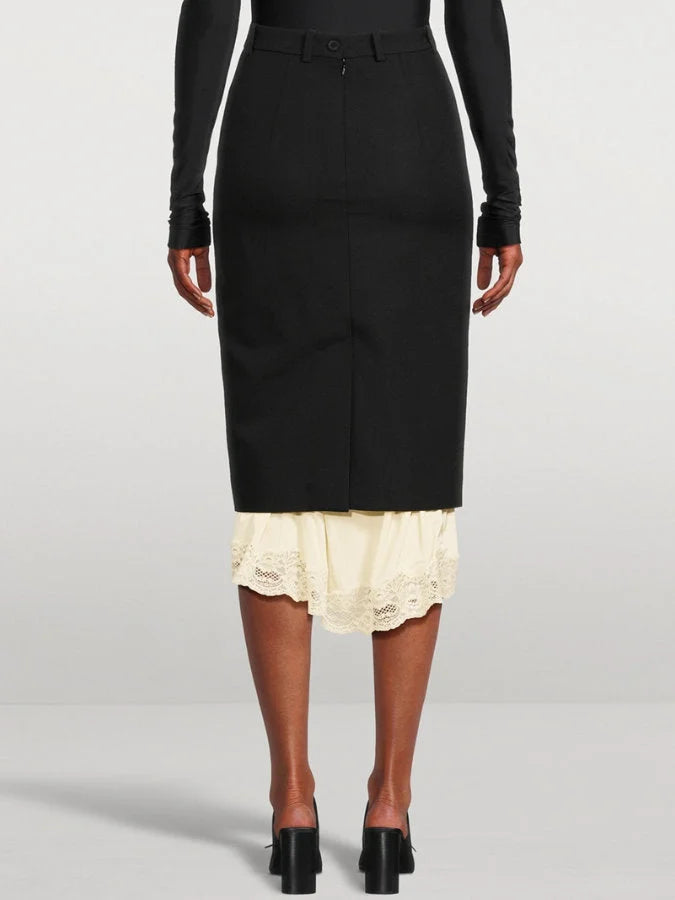 Black Midi Pencil Skirt with Lace Layering - Skirts