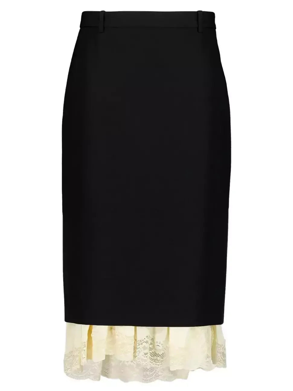 Black Midi Pencil Skirt with Lace Layering - Skirts