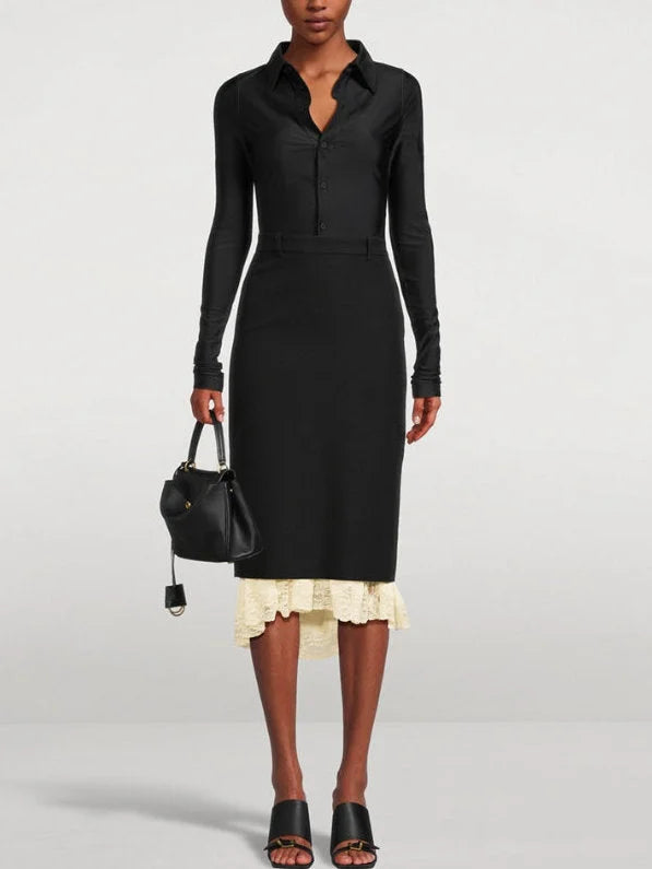 Black Midi Pencil Skirt with Lace Layering - Skirts