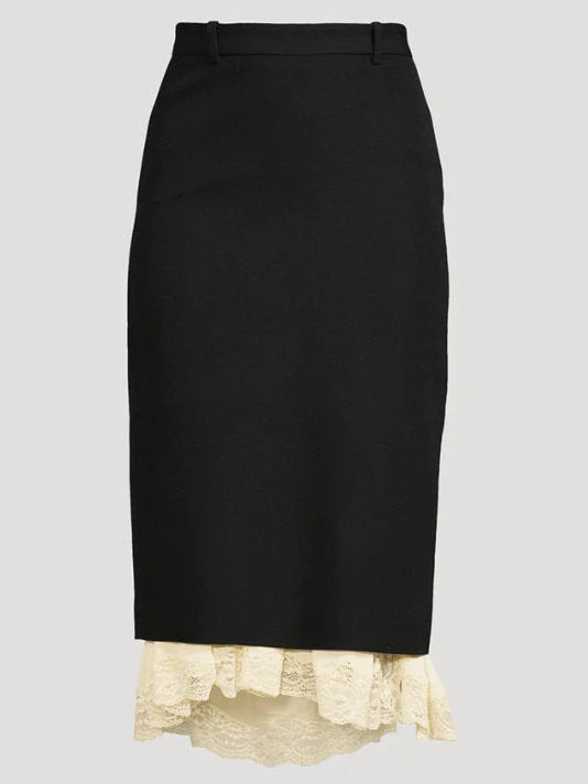 Black Midi Pencil Skirt with Lace Layering - Skirts