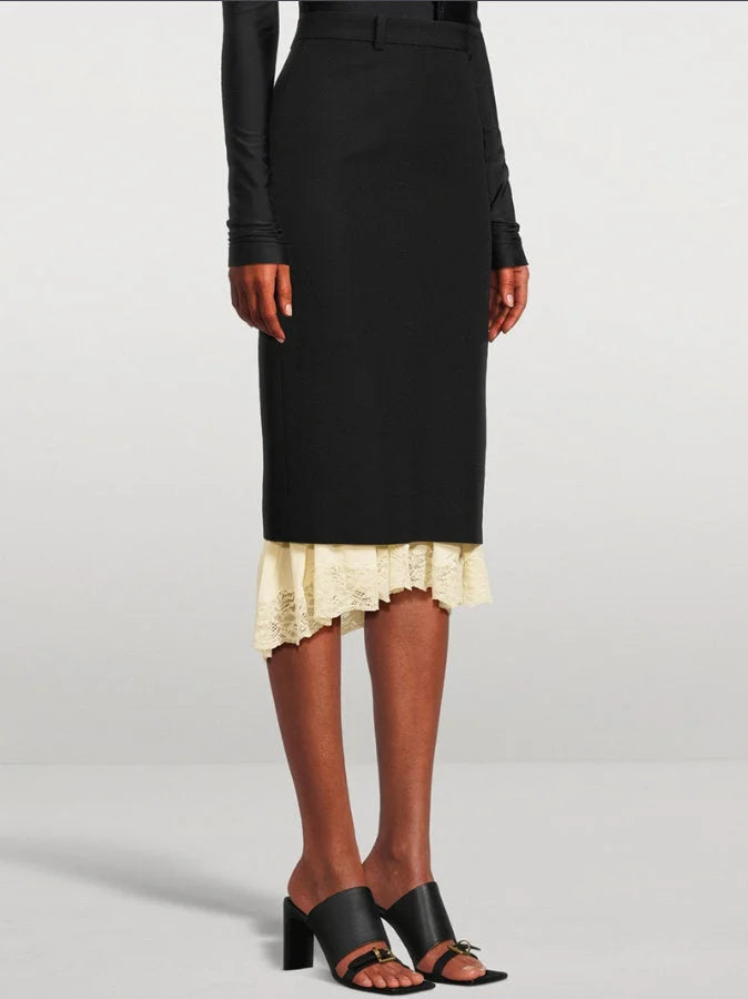 Black Midi Pencil Skirt with Lace Layering - Skirts