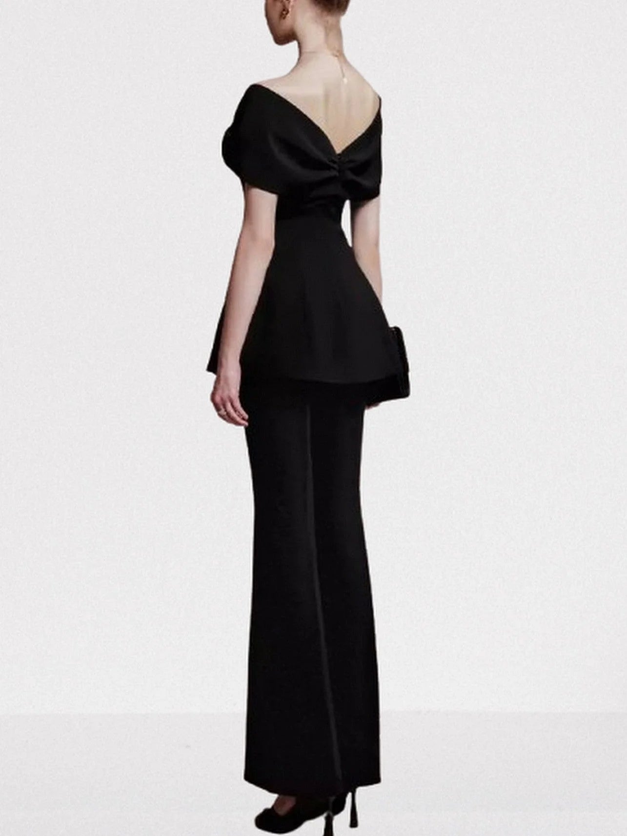 Black Off Shoulder Bow Detail Top and Pant Set Suits & Sets