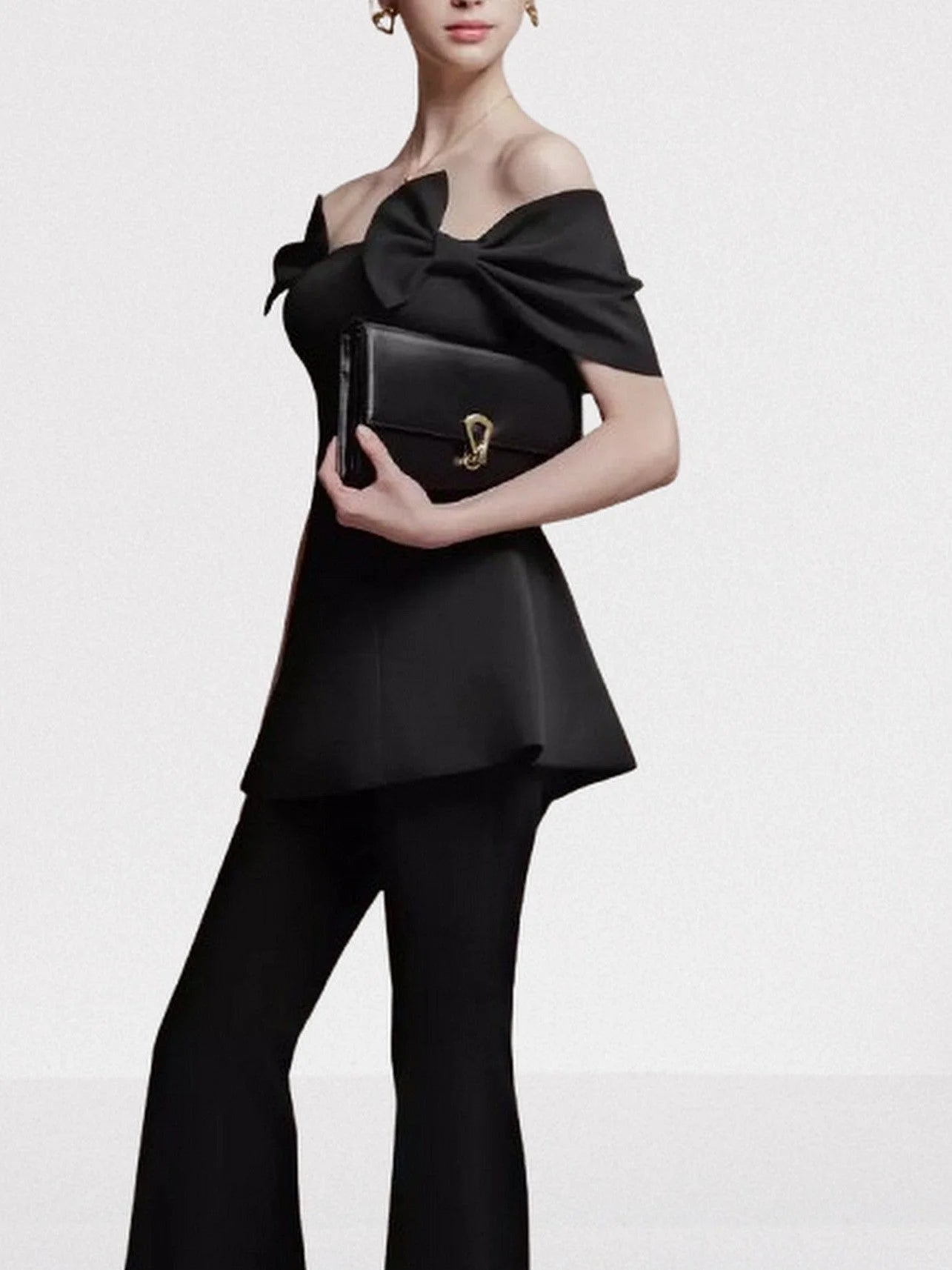 Black Off Shoulder Bow Detail Top and Pant Set Suits & Sets