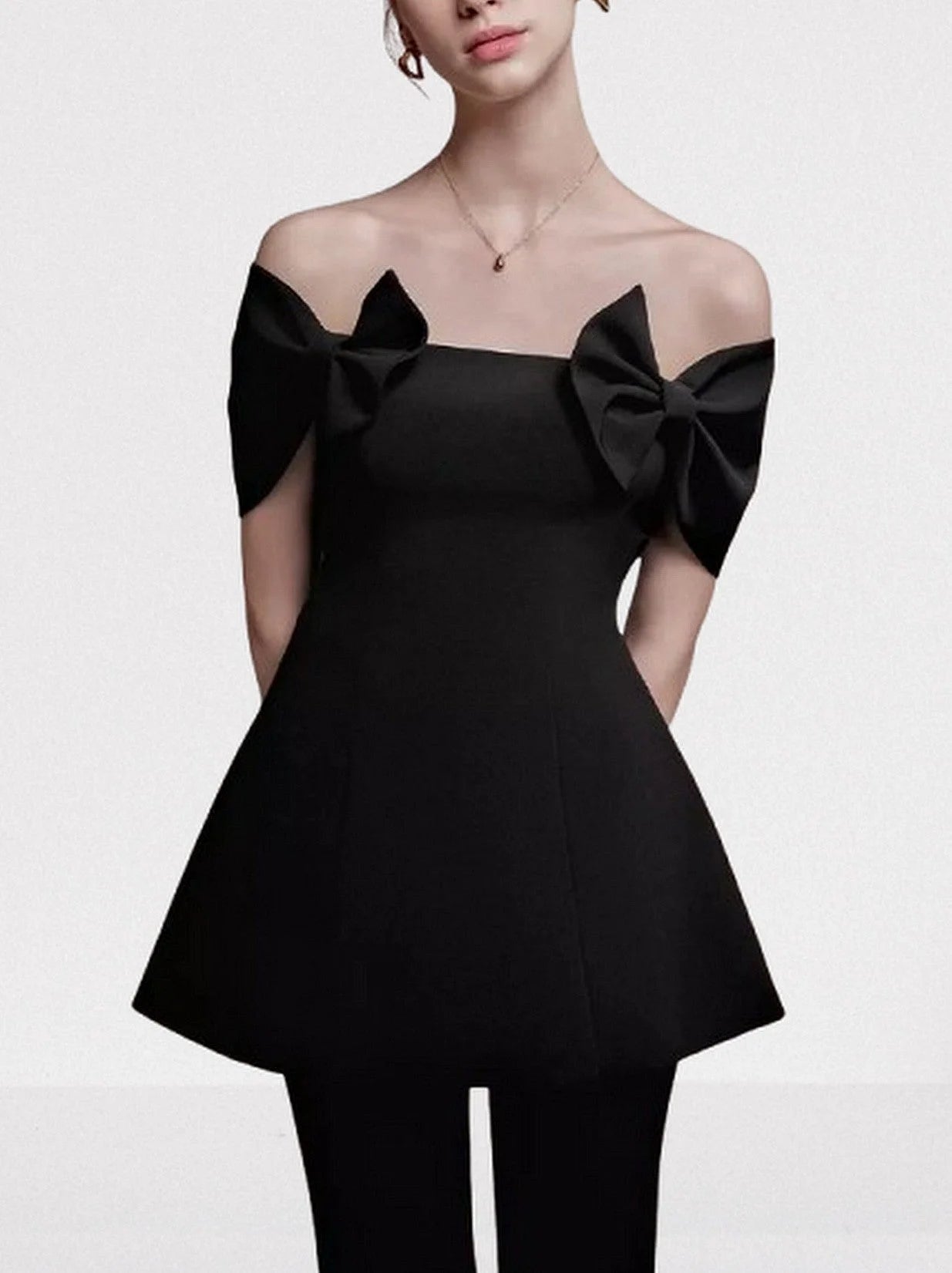 Black Off Shoulder Bow Detail Top and Pant Set Suits & Sets