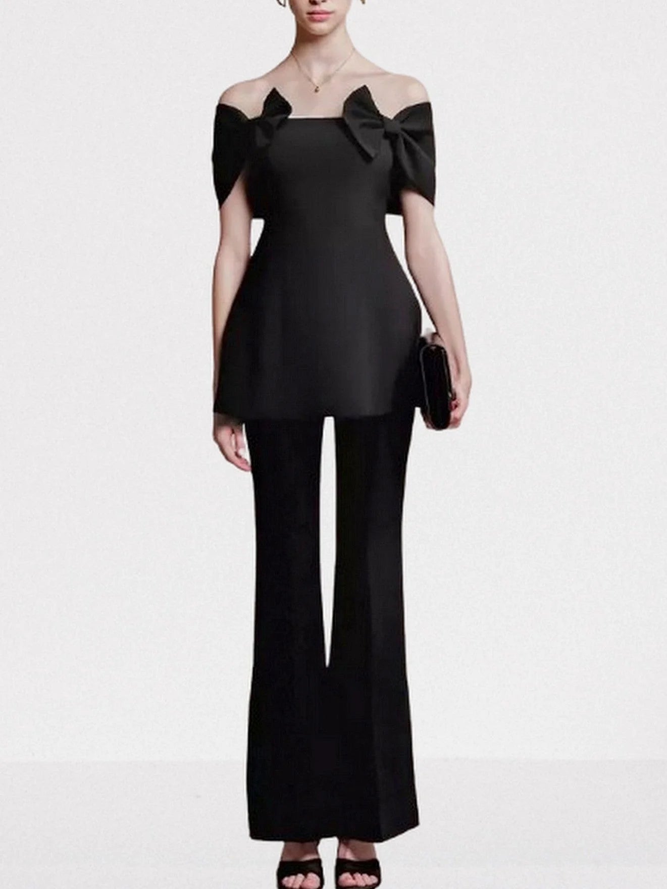 Black Off Shoulder Bow Detail Top and Pant Set Suits & Sets