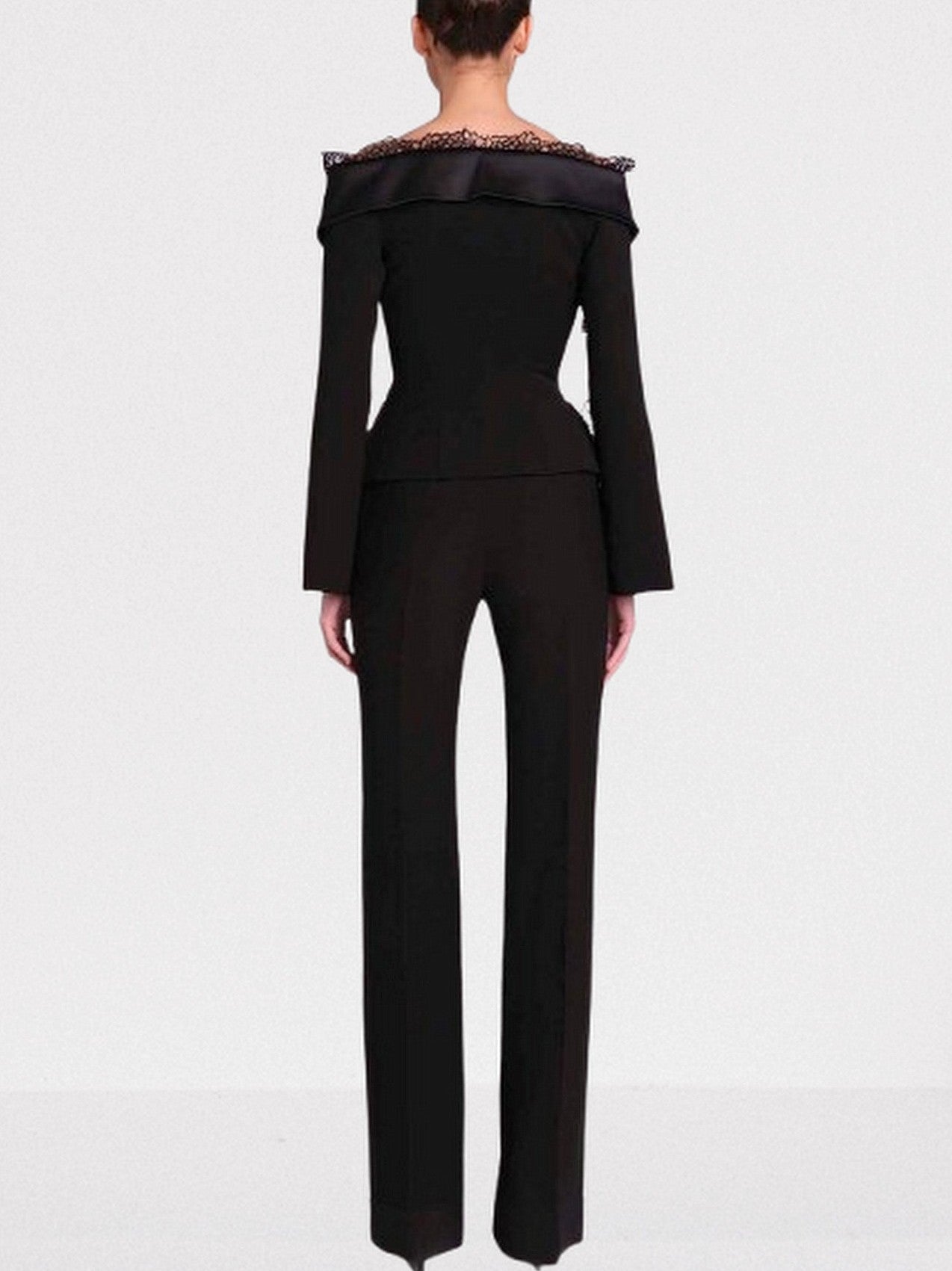 Black Off-Shoulder Jacket and Pant Suit with Lace Trim - Suits & Sets