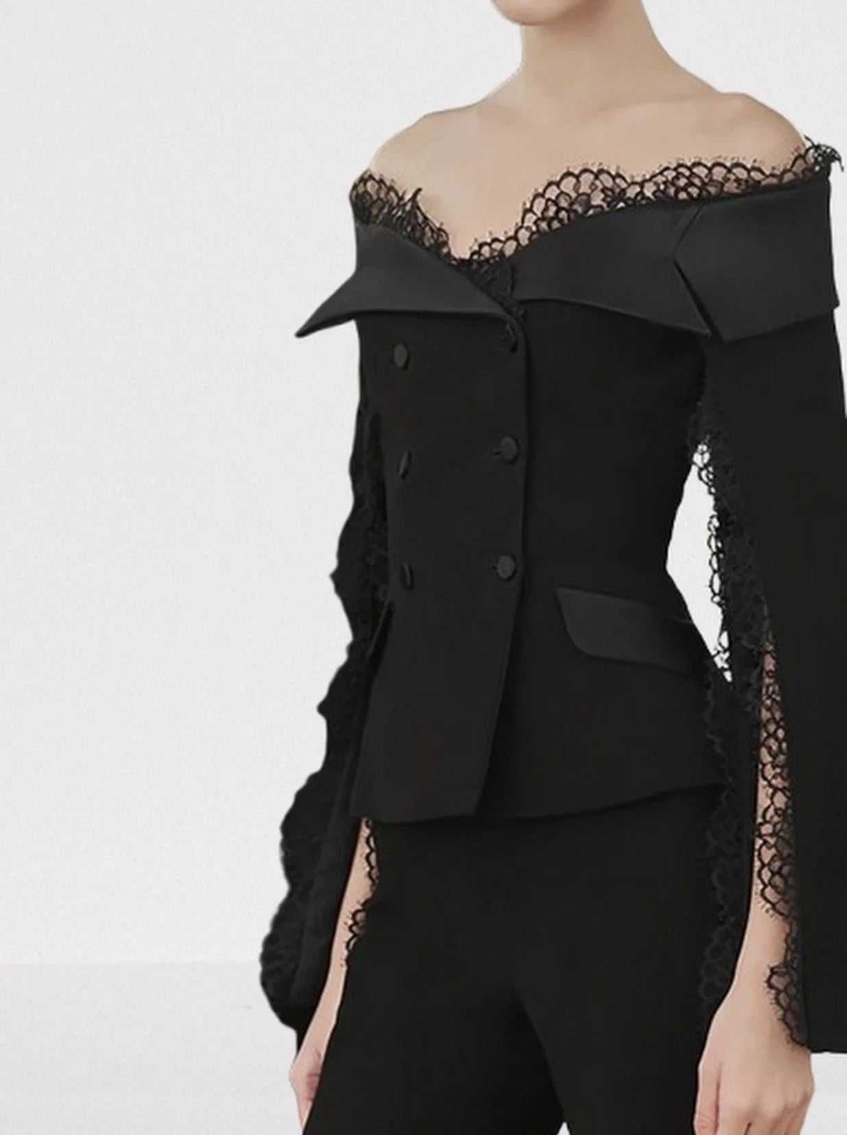 Black Off-Shoulder Jacket and Pant Suit with Lace Trim - Suits & Sets