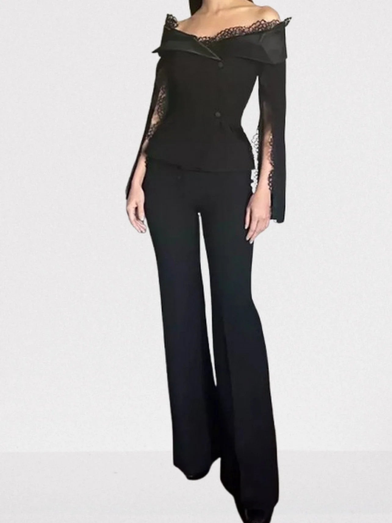 Black Off-Shoulder Jacket and Pant Suit with Lace Trim - Suits & Sets