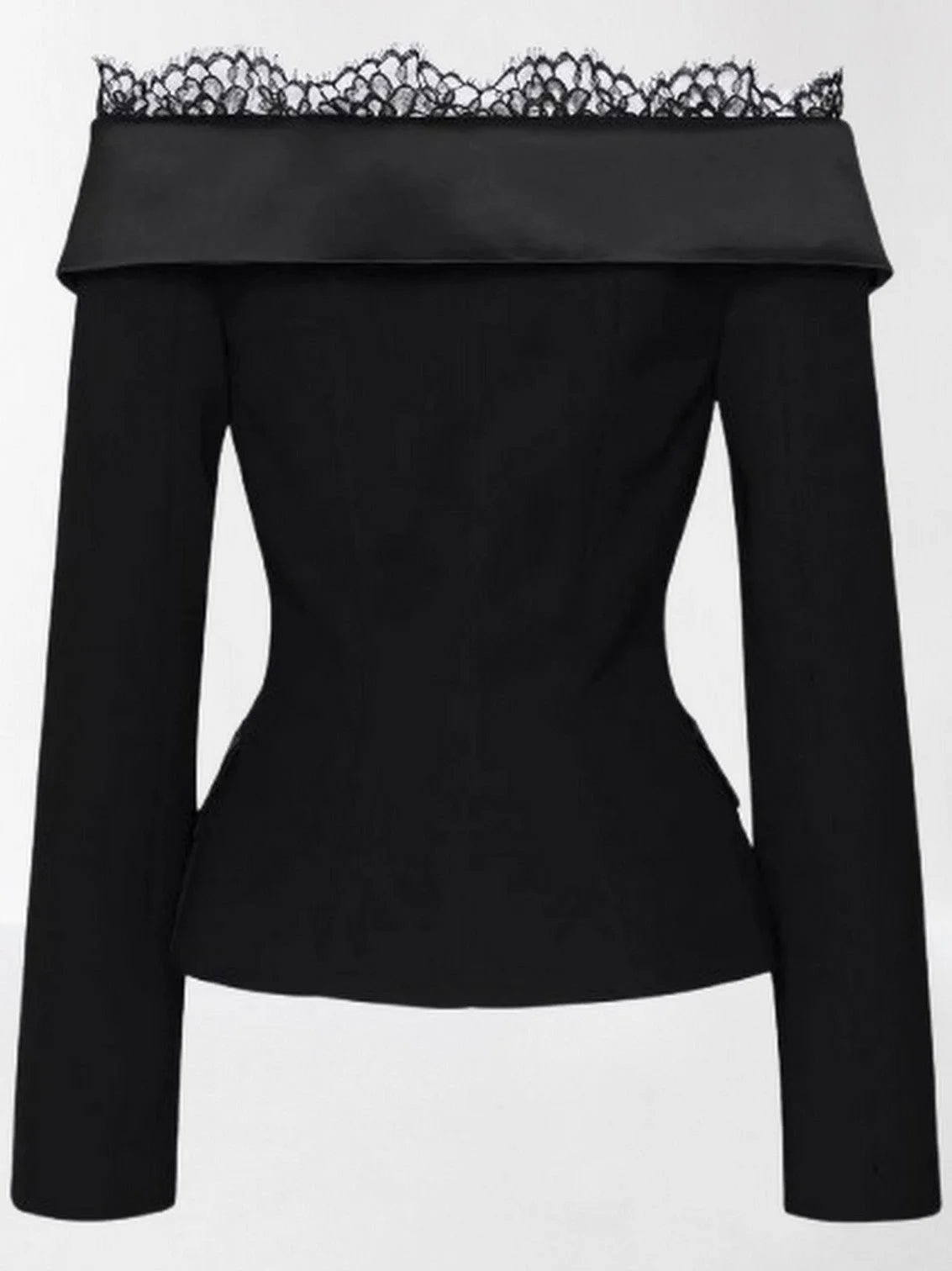 Black Off-Shoulder Jacket and Pant Suit with Lace Trim - Suits & Sets