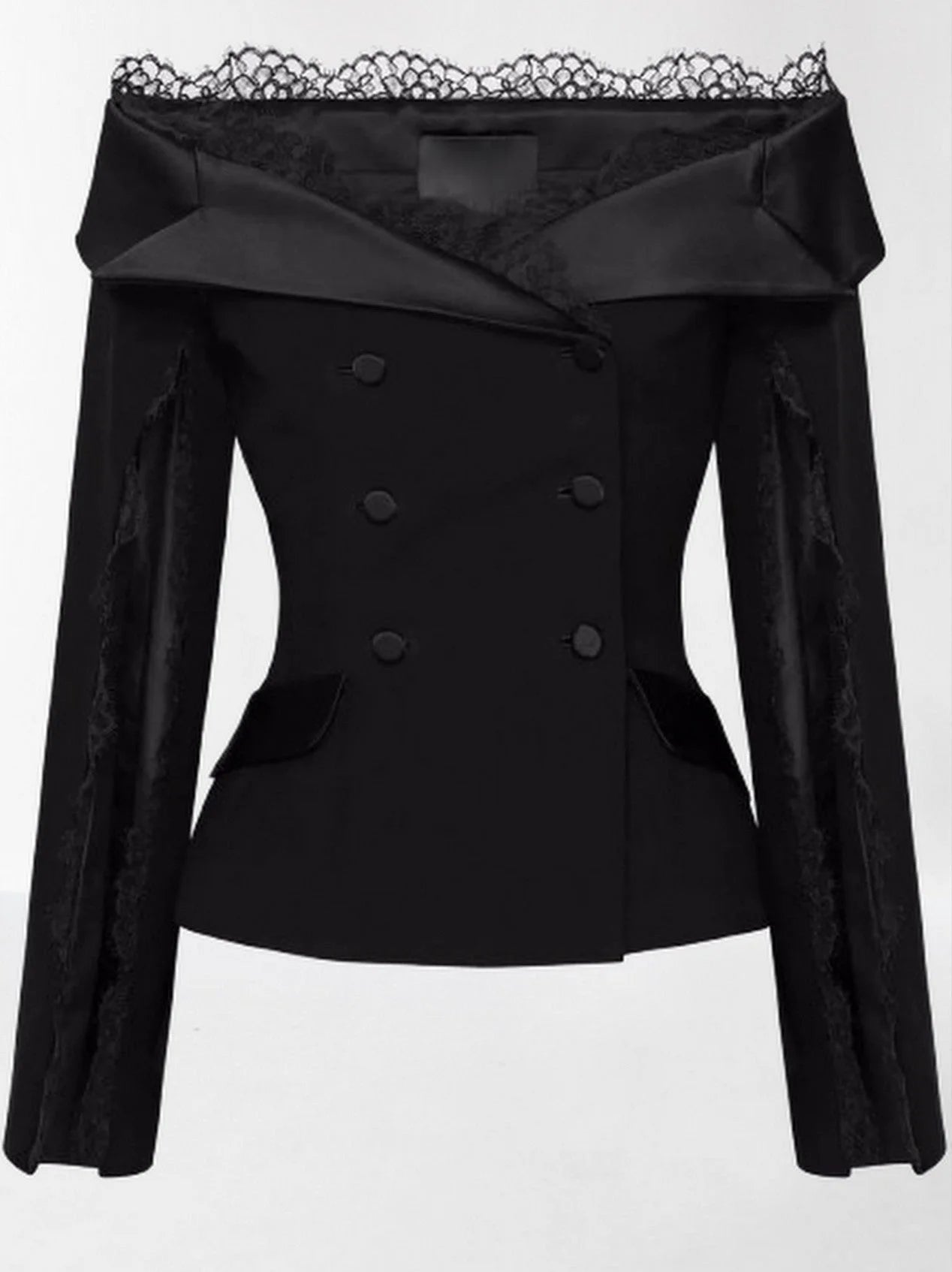 Black Off-Shoulder Jacket and Pant Suit with Lace Trim - Suits & Sets