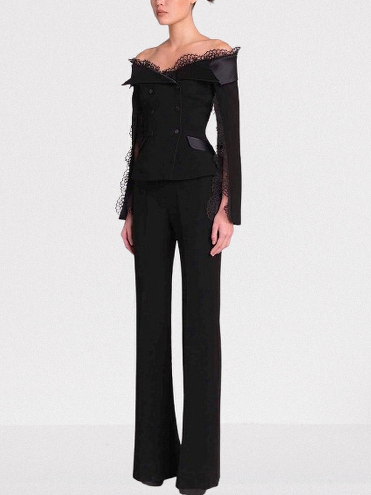 Black Off-Shoulder Jacket and Pant Suit with Lace Trim - Suits & Sets