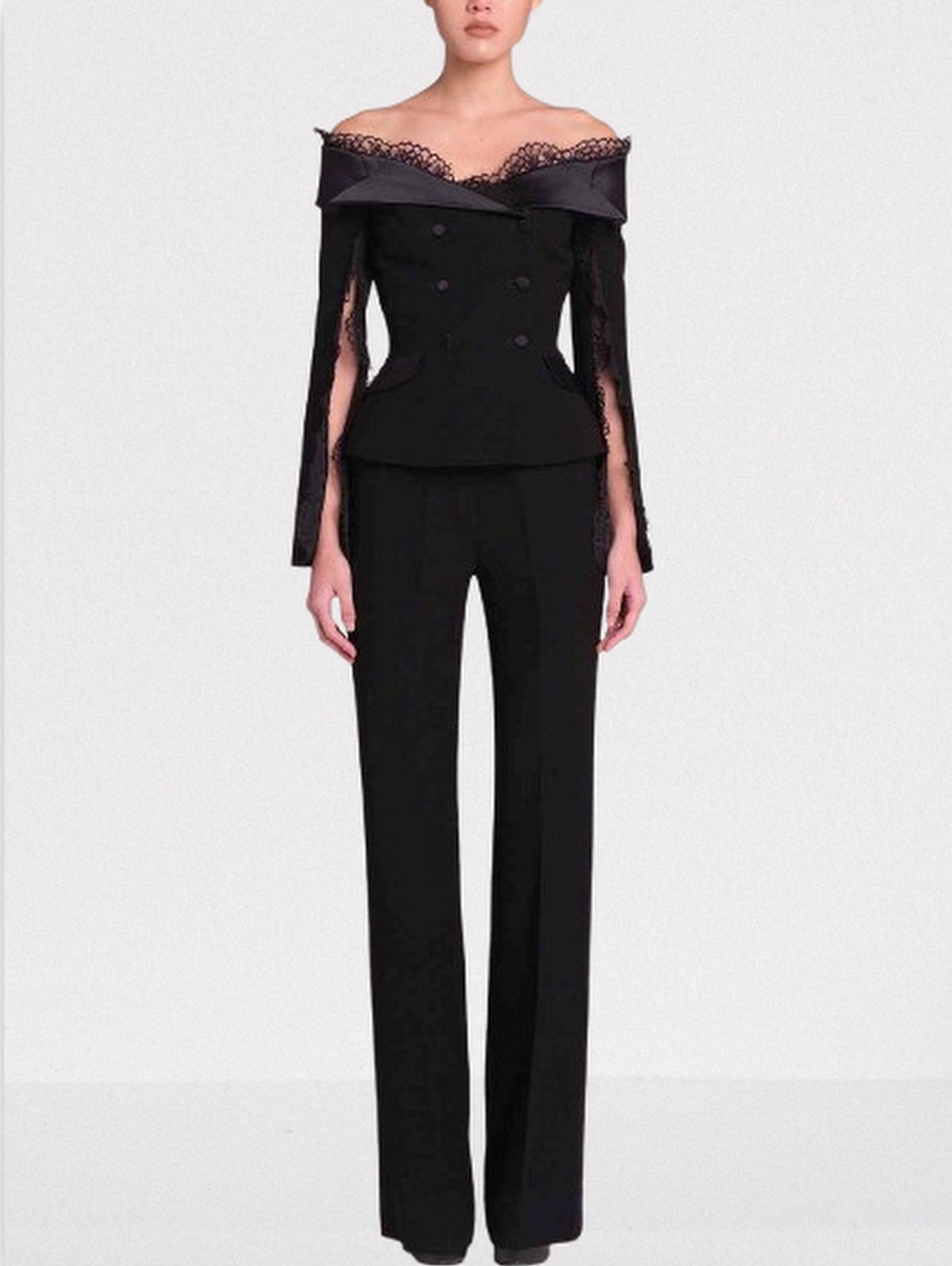 Black Off-Shoulder Jacket and Pant Suit with Lace Trim - Suits & Sets