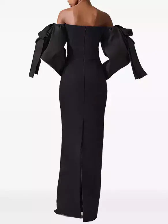 Black Off-Shoulder Sculptured-Sleeve Gown - Dresses
