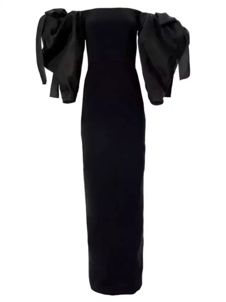 Black Off-Shoulder Sculptured-Sleeve Gown - Dresses