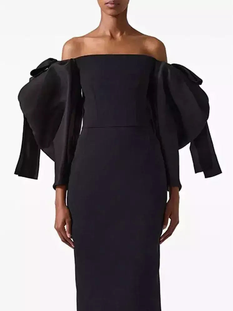 Black Off-Shoulder Sculptured-Sleeve Gown - Dresses