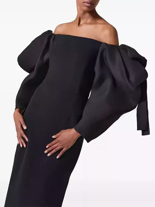Black Off-Shoulder Sculptured-Sleeve Gown - Dresses