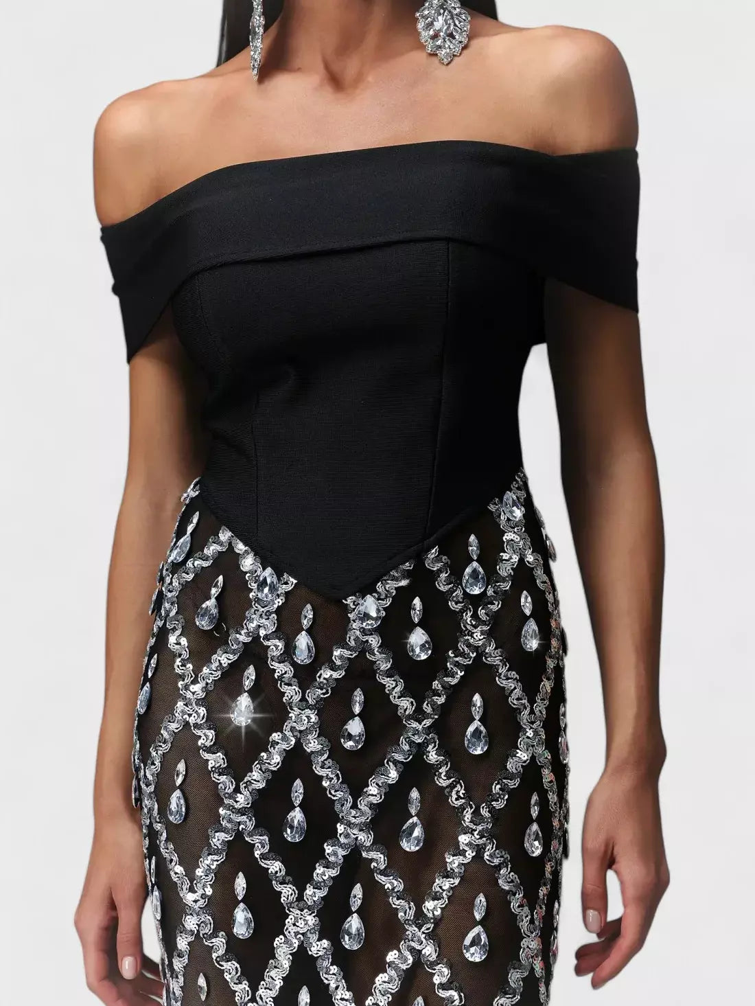 Black Off-The-Shoulder Stretch Embellished Maxi Dress