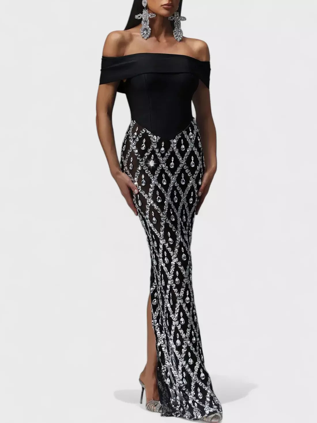 Black Off-The-Shoulder Stretch Embellished Maxi Dress