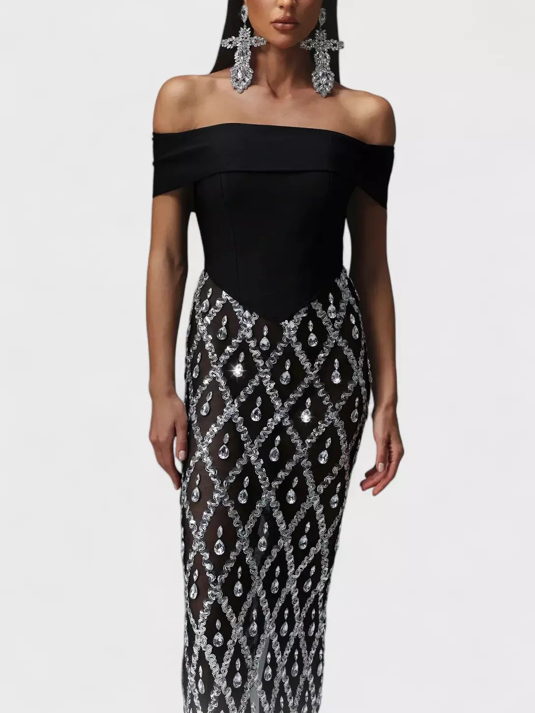 Black Off-The-Shoulder Stretch Embellished Maxi Dress
