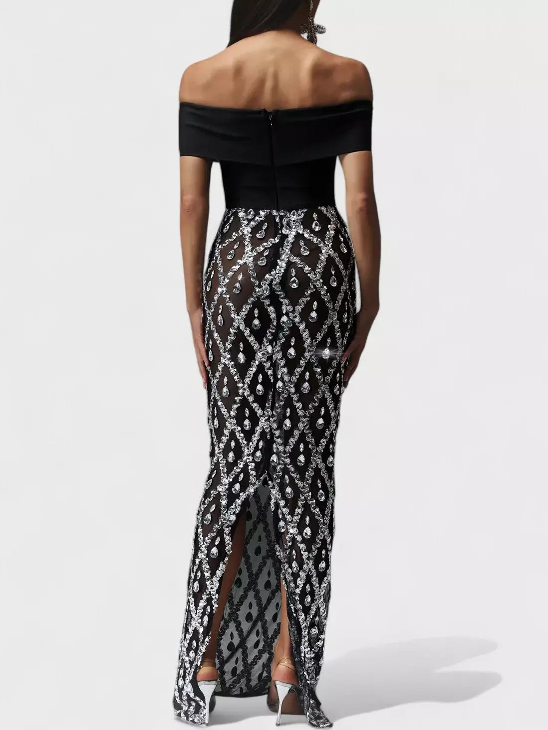 Black Off-The-Shoulder Stretch Embellished Maxi Dress