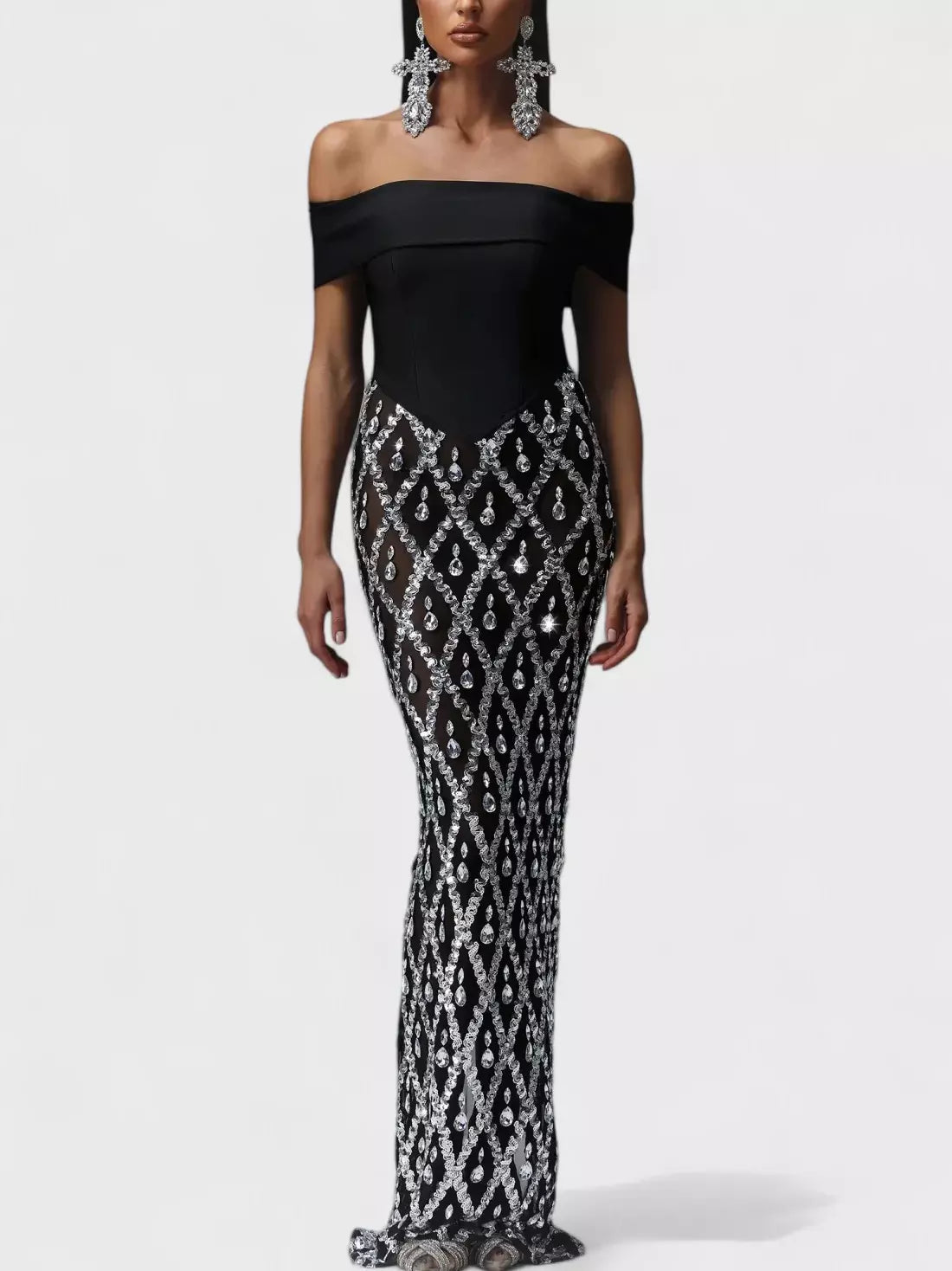 Black Off-The-Shoulder Stretch Embellished Maxi Dress