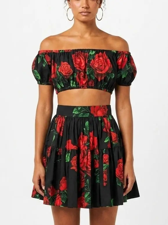 Black Off Shoulder Crop Top and Skirt Set with Rose Print - Suits & Sets