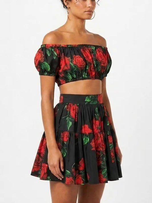 Black Off Shoulder Crop Top and Skirt Set with Rose Print - Suits & Sets