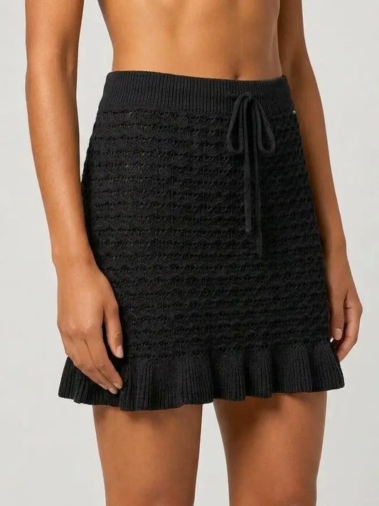 Black Open-Knit Ruffle Hem Mini Skirt - Skirts