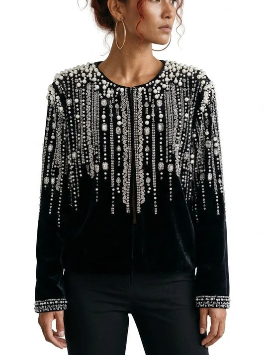 Black Pearl and Crystal Embellished Velvet Jacket - Jackets
