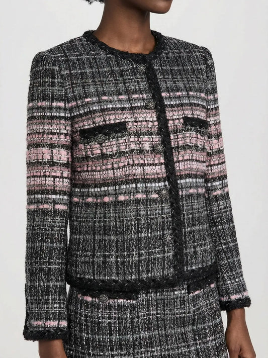 Black & Pink Textured Tweed Collarless Jacket - Jackets