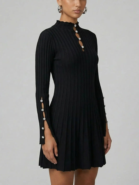 Black Pleated Knit Embellished Keyhole Mini Dress - Dresses