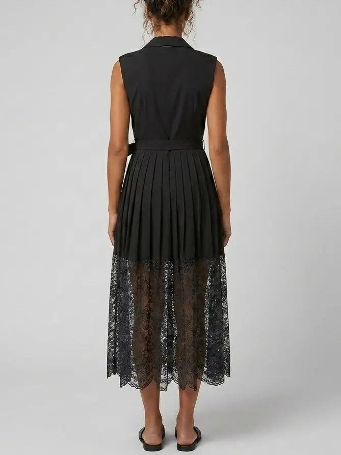 Black Pleated Midi Dress with Lace Hem - Dresses